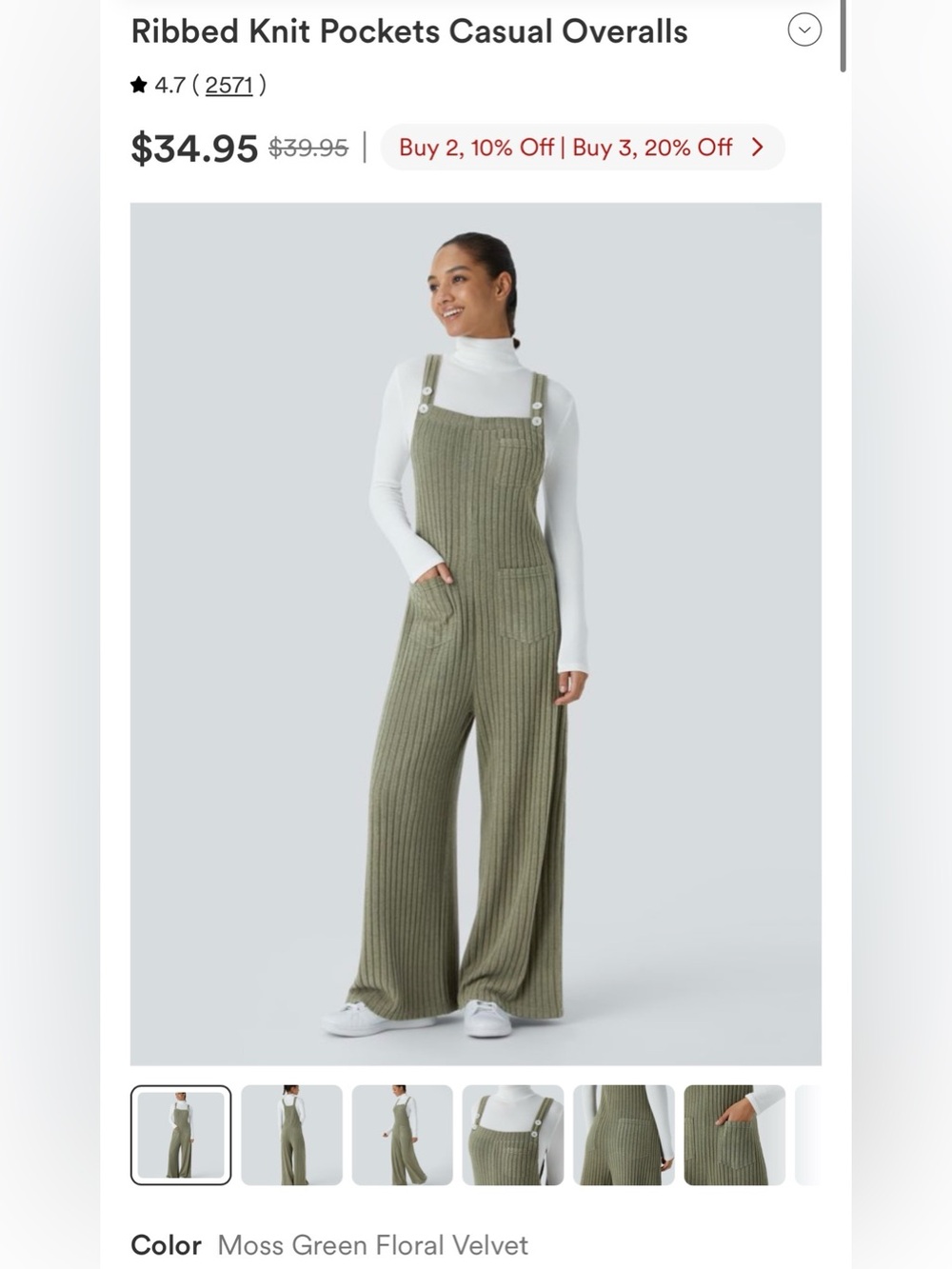 HALARA Moss Green Ribbed Wide-Leg Overalls